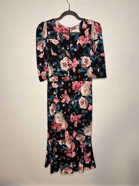 Erdem Ottavia Floral Print Ruffled Midi Dress V Neck Elbow Sleeves Size 6